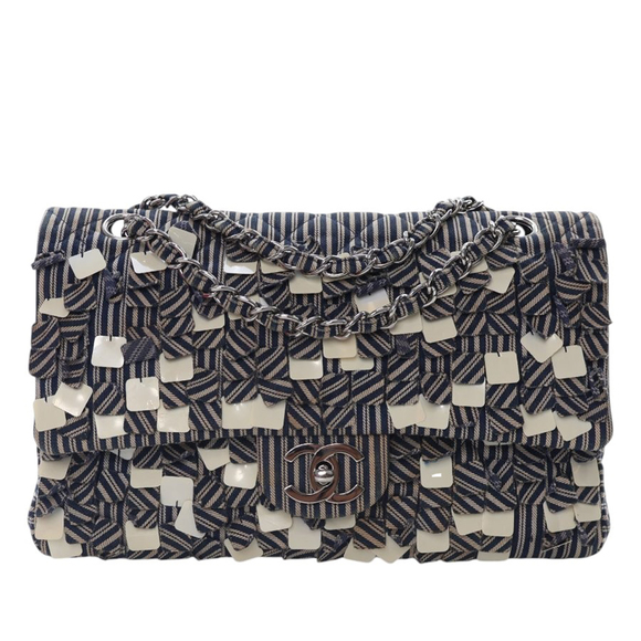 Pre-Loved Chanel Medium Classic Canvas Sequin Stripes Double Flap - Picture 1 of 12